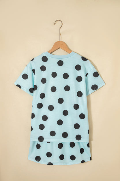 Sky Blue Polka Dot Short Sleeve Top Casual Skort 2pcs Outfit - Snoopy's Closet