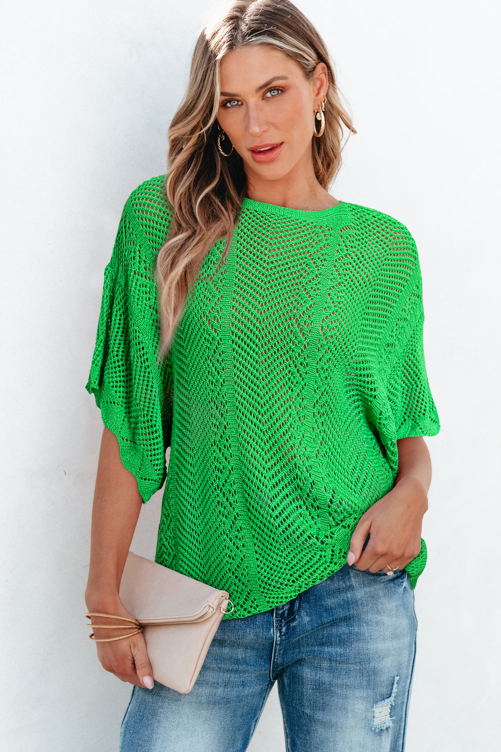 Green Pointelle Knit Scallop Edge Short Sleeve Top - Snoopy's Closet