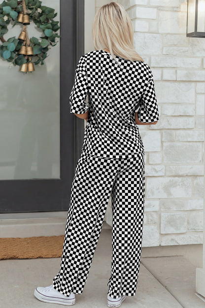 Khaki Checkered Print Half Sleeve Tee 2pcs Lounge Pant Set - Snoopy's Closet