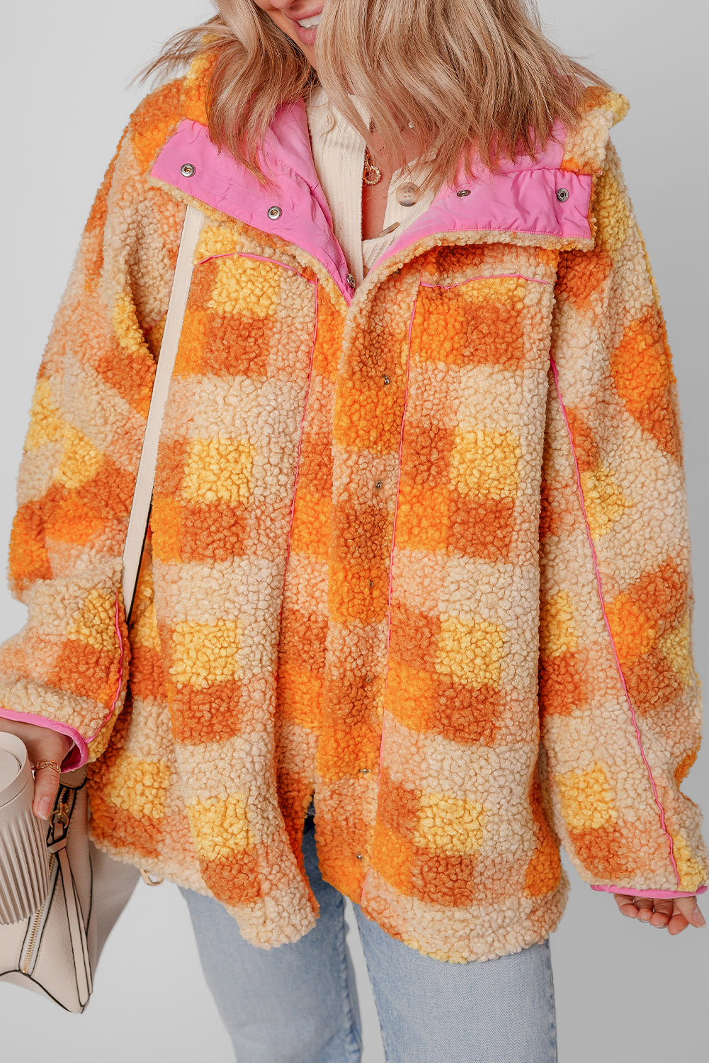 Orange Checkered Sherpa Hooded Jacket - Snoopy's Closet