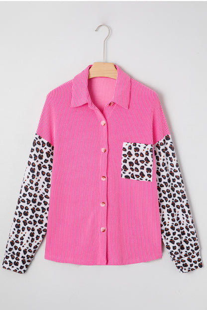 Rose Red Leopard Patched Twisted Ribbed Western Casual Shacket