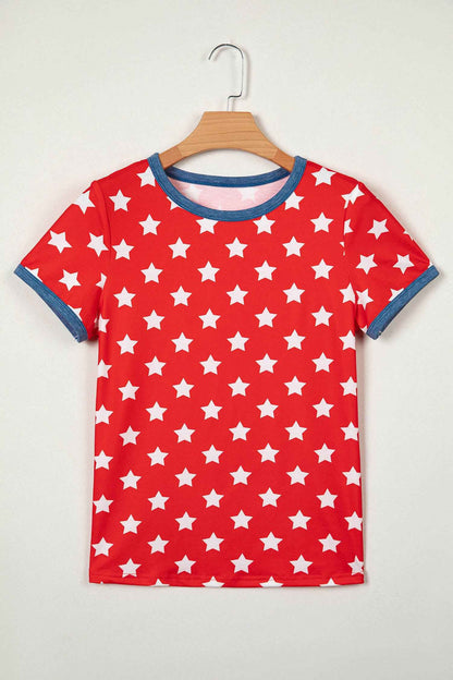 Red Stars Print Colorblock Binding Tape Collar Cuff Viscose Tunic Top