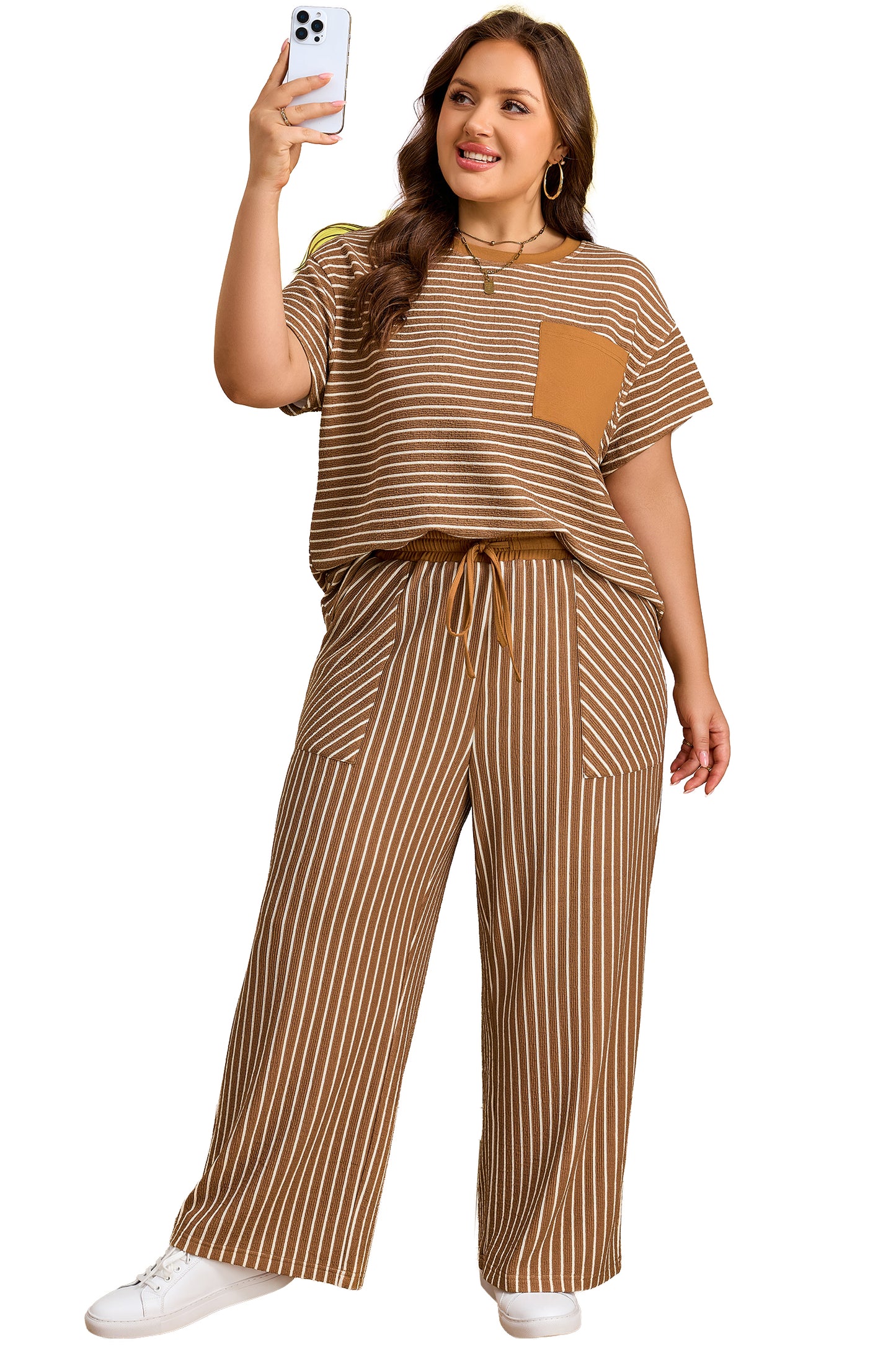Conjunto de descanso de talla grande a rayas caqui con bloques de color y bolsillos