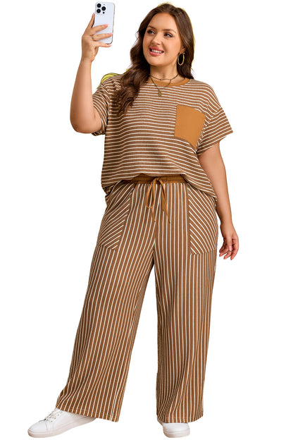 Conjunto de descanso de talla grande a rayas caqui con bloques de color y bolsillos