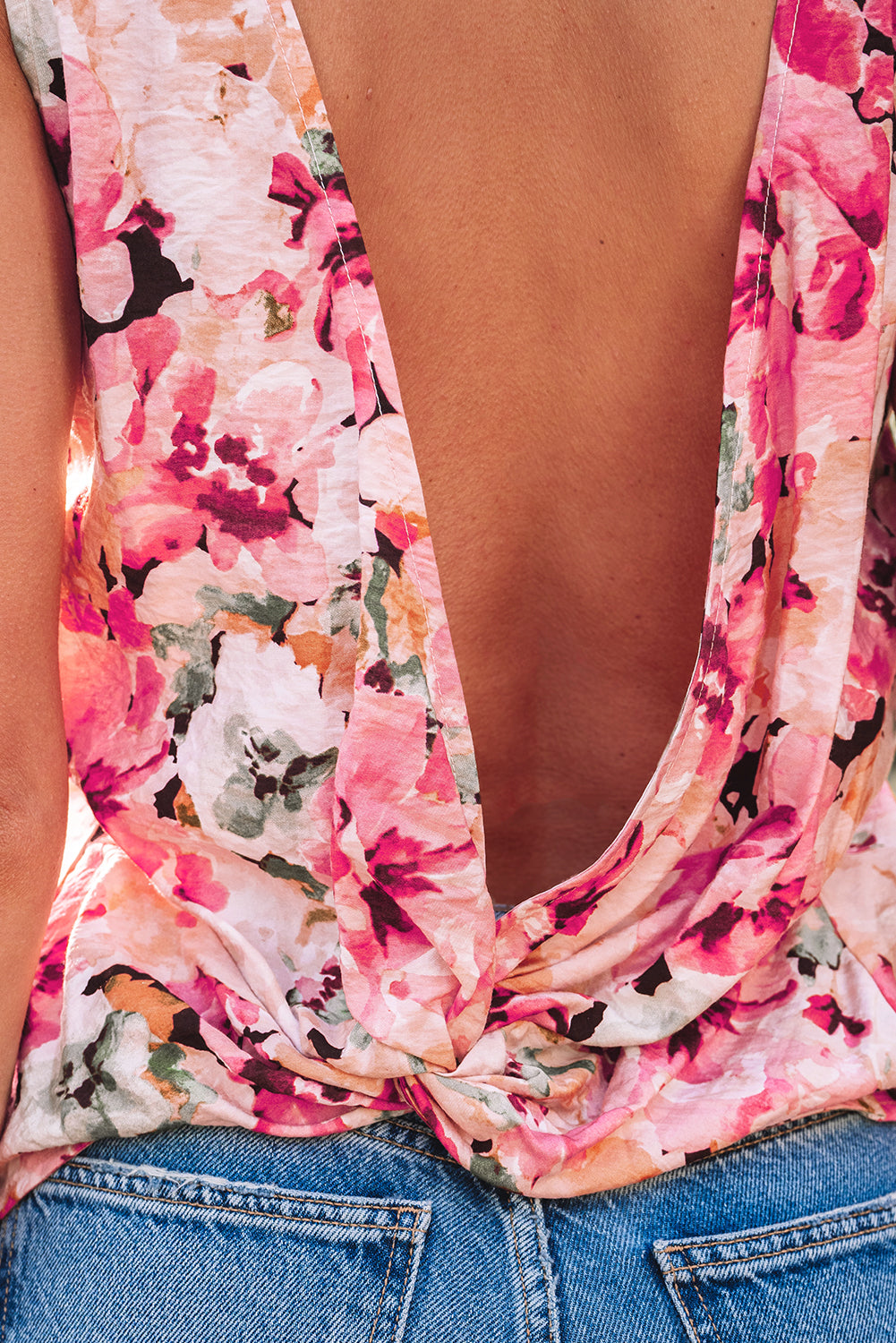 Pink Floral Round Neck Twisted Cut Out Back Tank Top - Snoopy's Closet