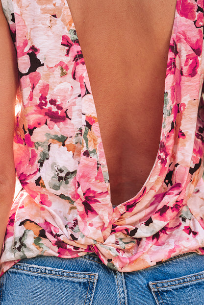 Pink Floral Round Neck Twisted Cut Out Back Tank Top - Snoopy's Closet