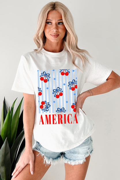 Camiseta patriótica de cuello redondo con gráfico de cereza con lazo blanco de AMÉRICA
