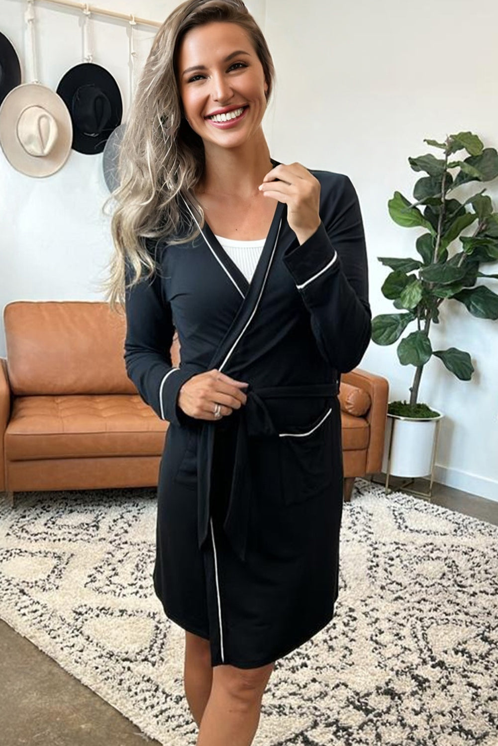 Black Contrast Trim Hooded Lounge Cardigan and Pants Set - Snoopy's Closet