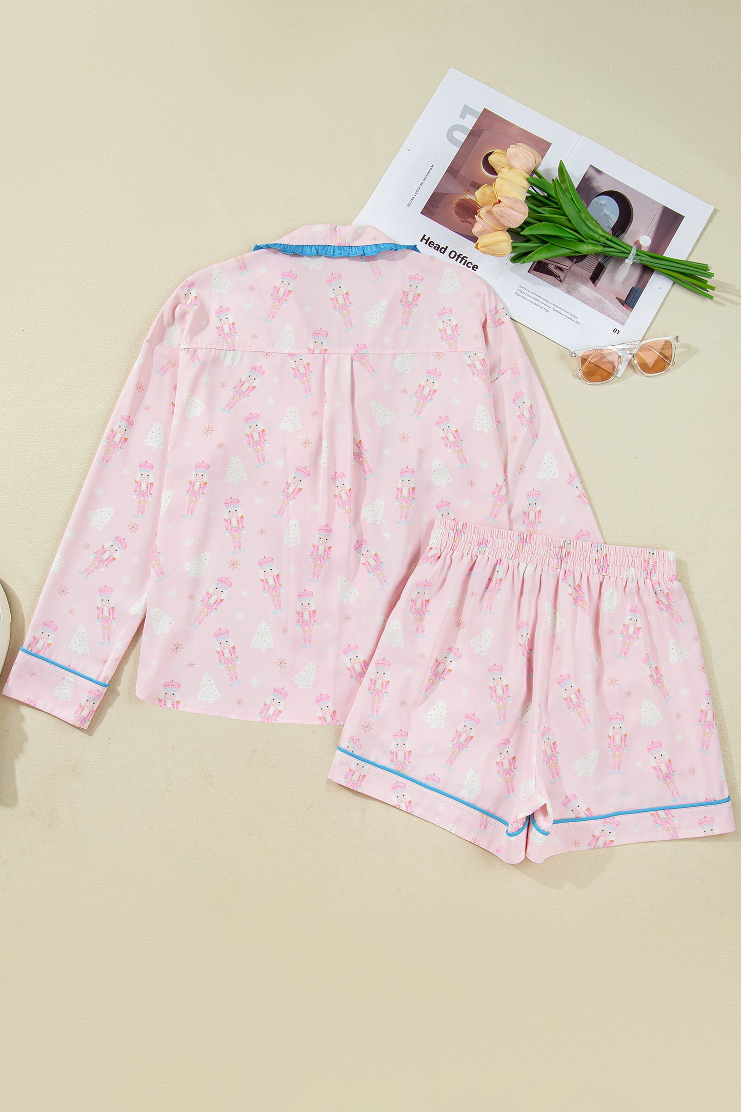 Pink Bow Tie Front Christmas Nutcracker Long Sleeve Shirt Shorts Pajama Set - Snoopy's Closet