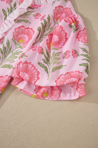 Camisa de manga abullonada con volantes y rayas Pink Sweet Blooms