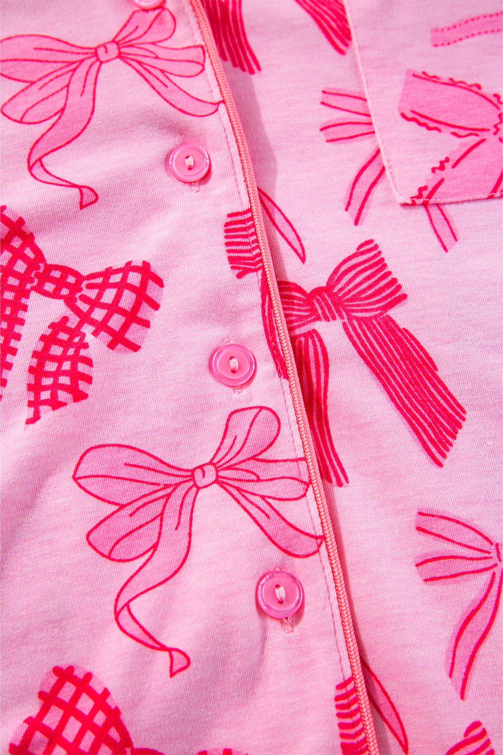 Conjunto de pijama de lazo rosa con estampado de solapa, manga corta y pantalón