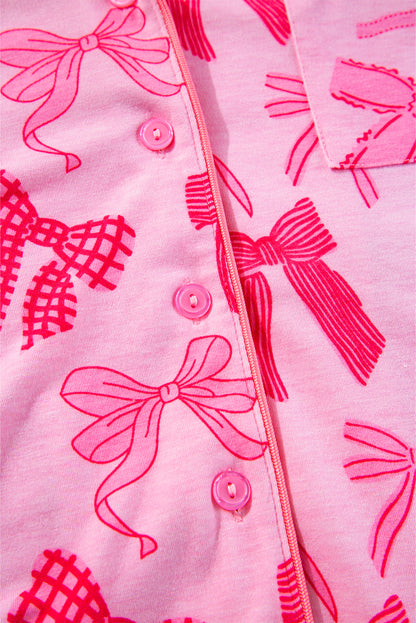 Conjunto de pijama de lazo rosa con estampado de solapa, manga corta y pantalón