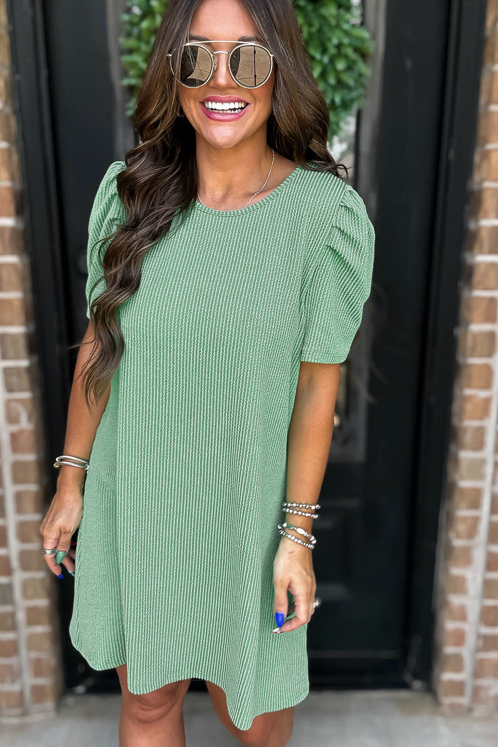 Mint Green Corded Knit Crew Neck Puff Sleeve Shift Mini Dress - Snoopy's Closet
