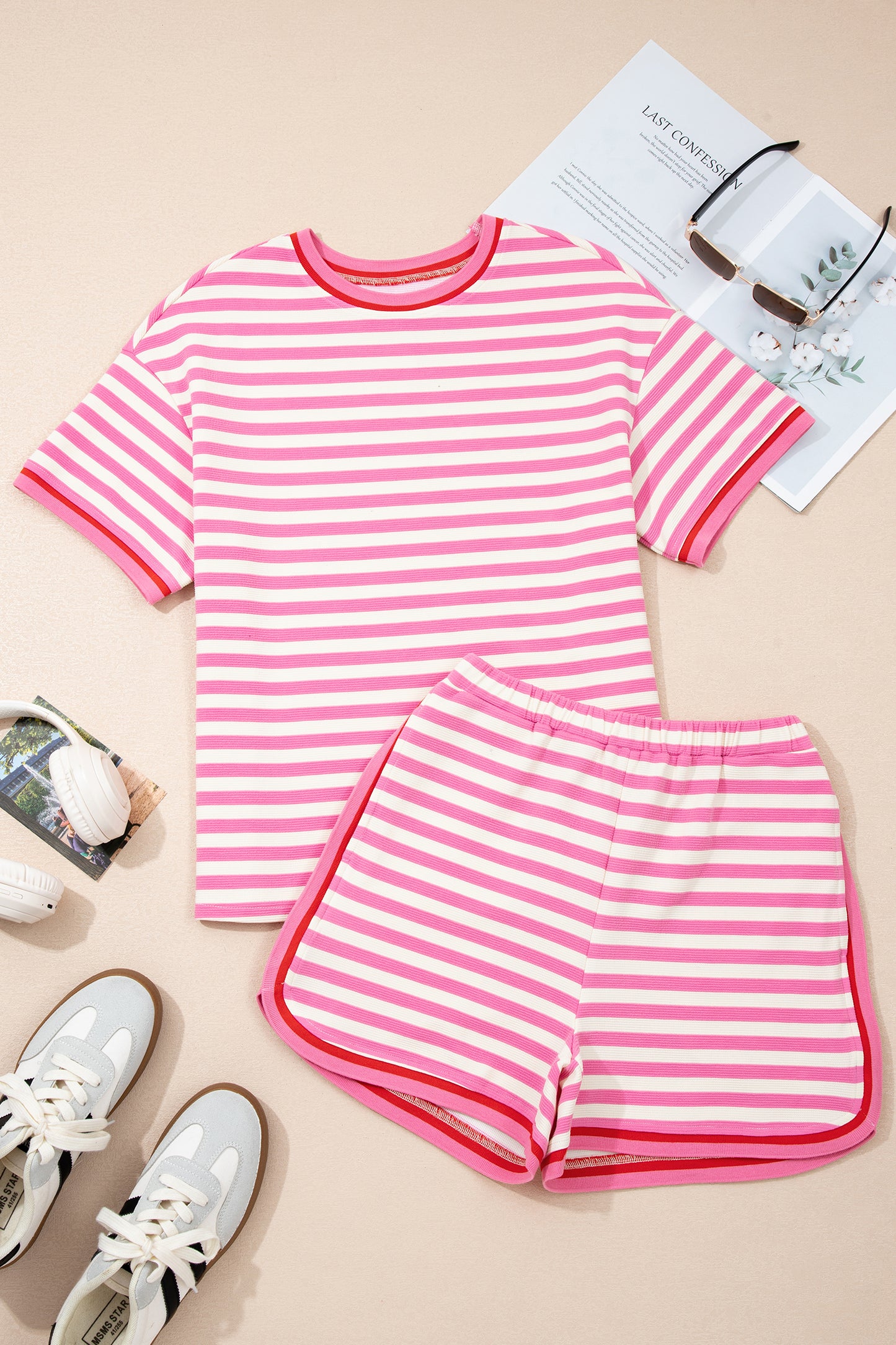 Pink Stripe Contrast Trim Short Sleeve Top Loose Shorts 2pcs Casual Outfit