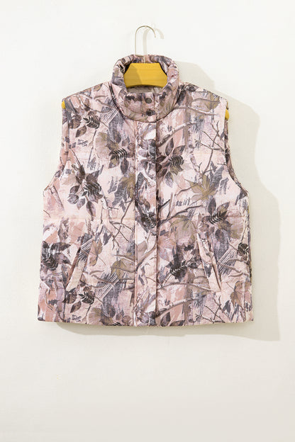 Chaleco acolchado de invierno con estampado de hojas de camuflaje marrón