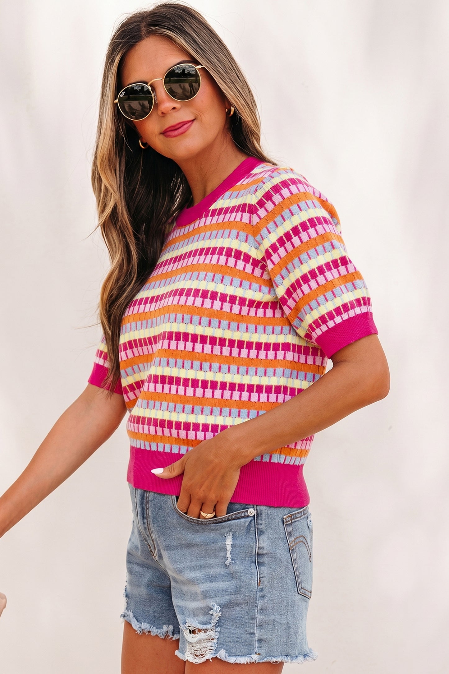 Orange Abstract Striped Knit Short Sleeve Sweater - Snoopy's Closet
