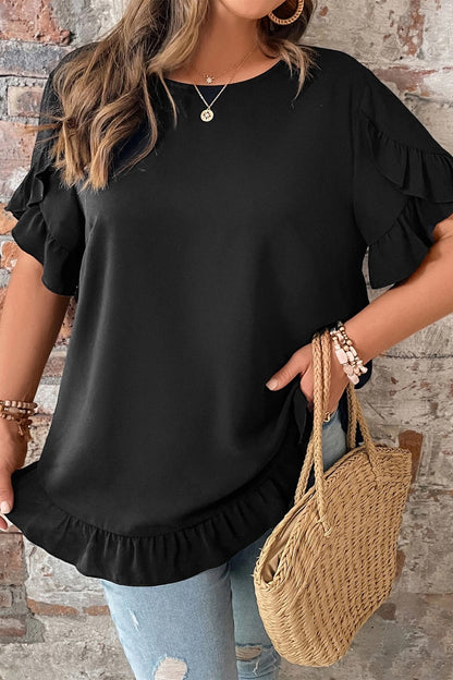 Black Solid Color Ruffle Trim Petal Sleeve Plus Size Tee - Snoopy's Closet