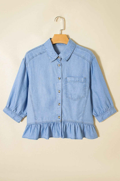 Beau Blue Half Sleeve Button Down Ruffled High Low Chambray Shirt