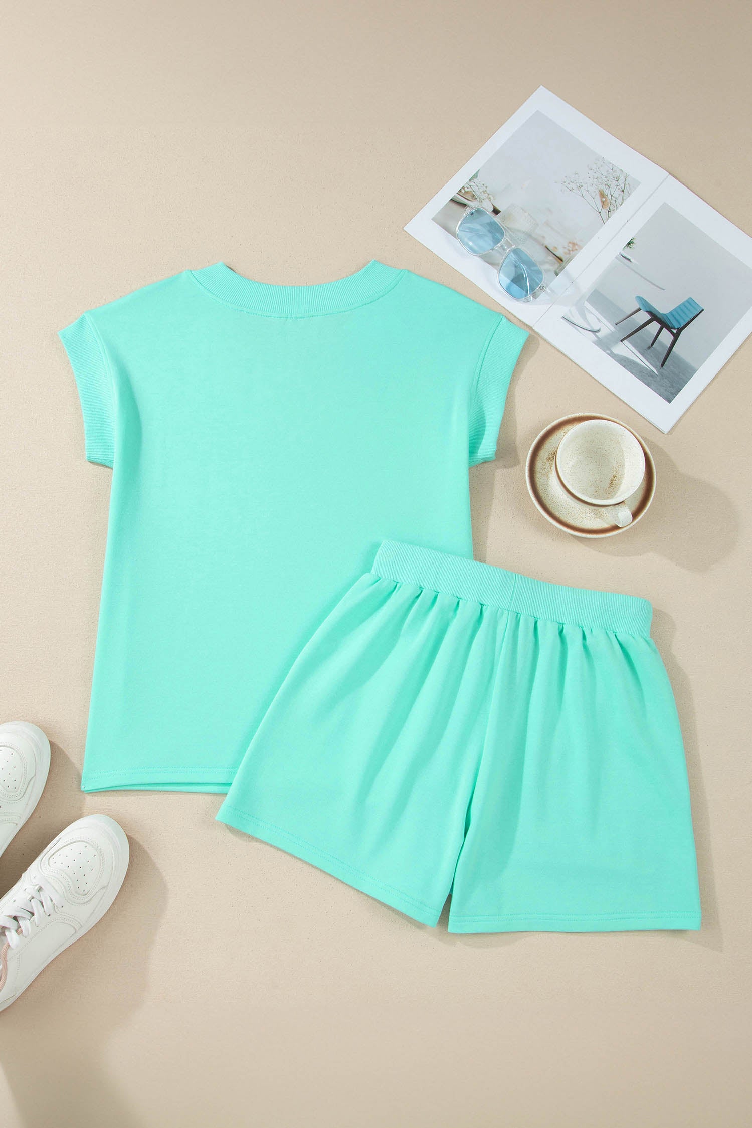 Mint Green V Neck Short Sleeve Top Drawstring Shorts 2pcs Set - Snoopy's Closet