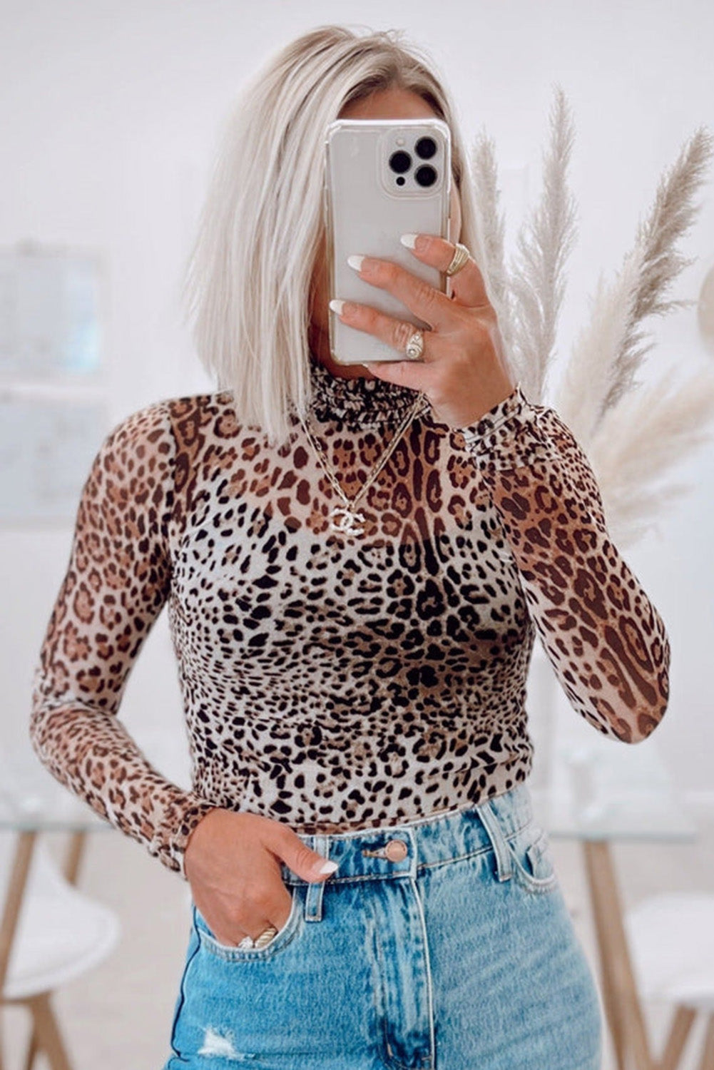 Brown Leopard Smocked Neck Mesh Long Sleeve Bodysuit - Snoopy's Closet
