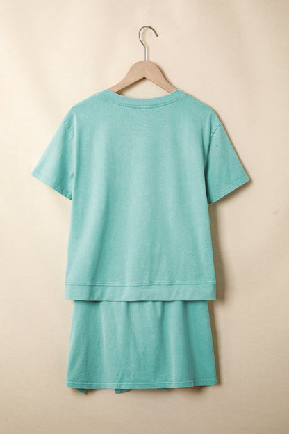 Mint Green Mineral Wash V Neck Tee Matching Skort Set - Snoopy's Closet