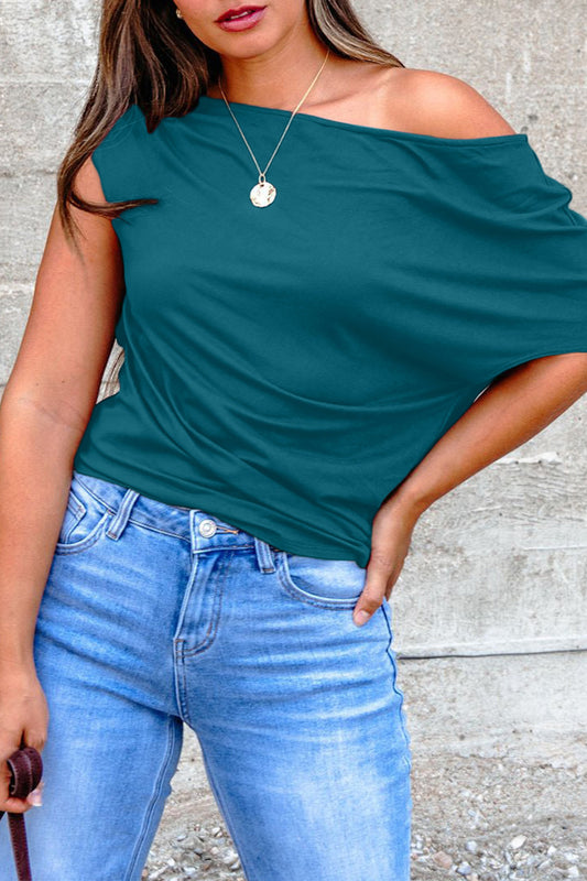 Blue Sapphire Plus Size Solid Color Asymmetric Neck Short Sleeve Blouse - Snoopy's Closet