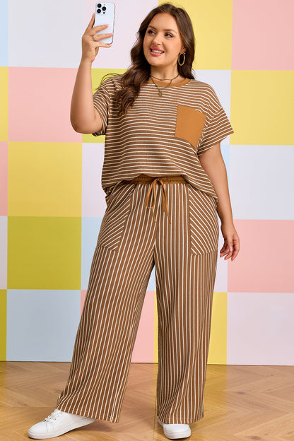 Conjunto de descanso de talla grande a rayas caqui con bloques de color y bolsillos
