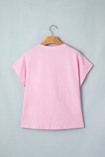 Camiseta de algodón con cuello redondo, estampado de leopardo rosa y lazo bordado