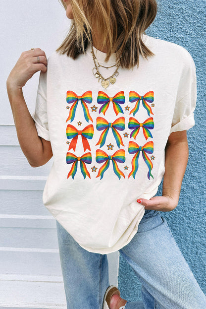 Camiseta de mezcla de algodón con estampado de estrellas y lazo, orgullo blanco