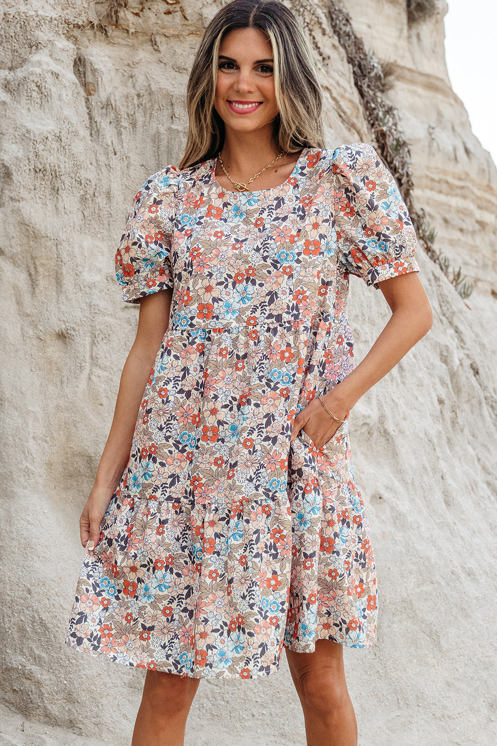 Apricot Bohemian Floral Print Short Puff Sleeve Mini Dress - Snoopy's Closet