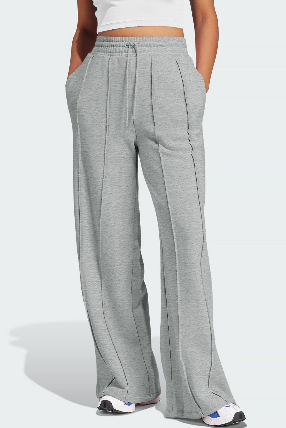 Pantalones de chándal de pernera ancha, cintura alta con cordón y costuras grises