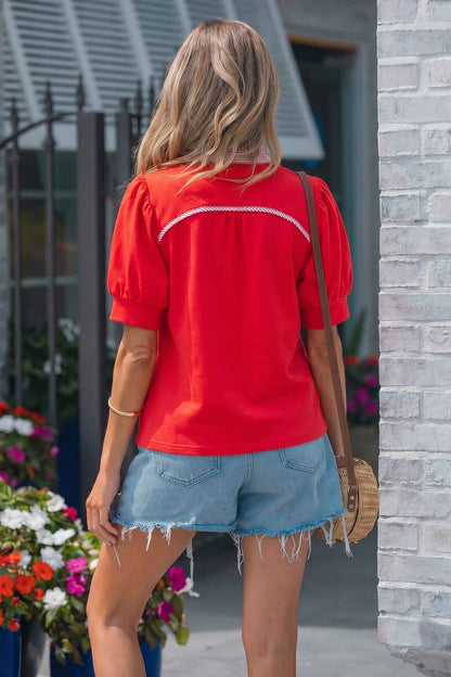 Sky Blue Striped Frilled Collar Short Sleeve Blouse