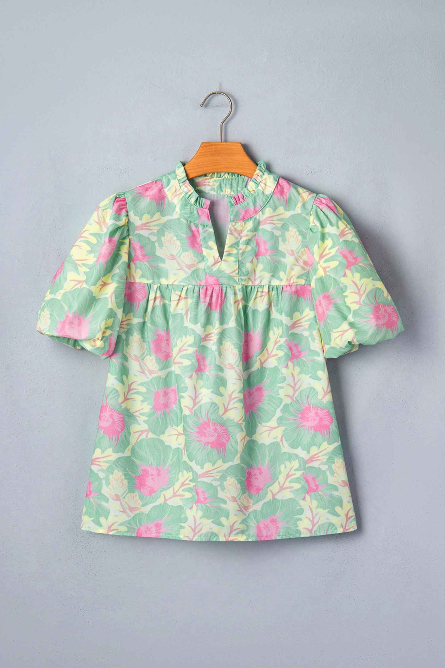 Green Short Bubble Sleeve Summer Floral Blouse