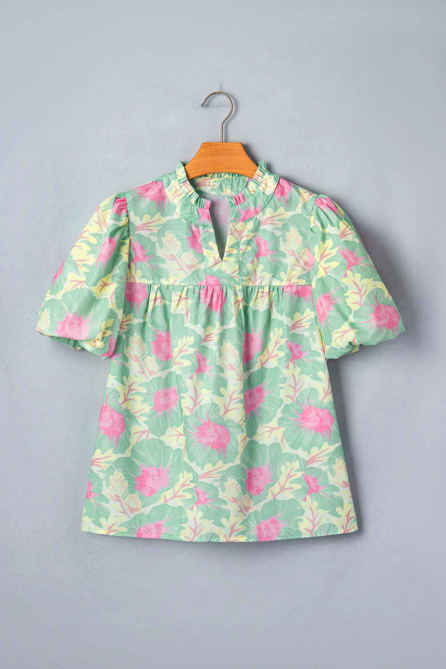 Green Short Bubble Sleeve Summer Floral Blouse