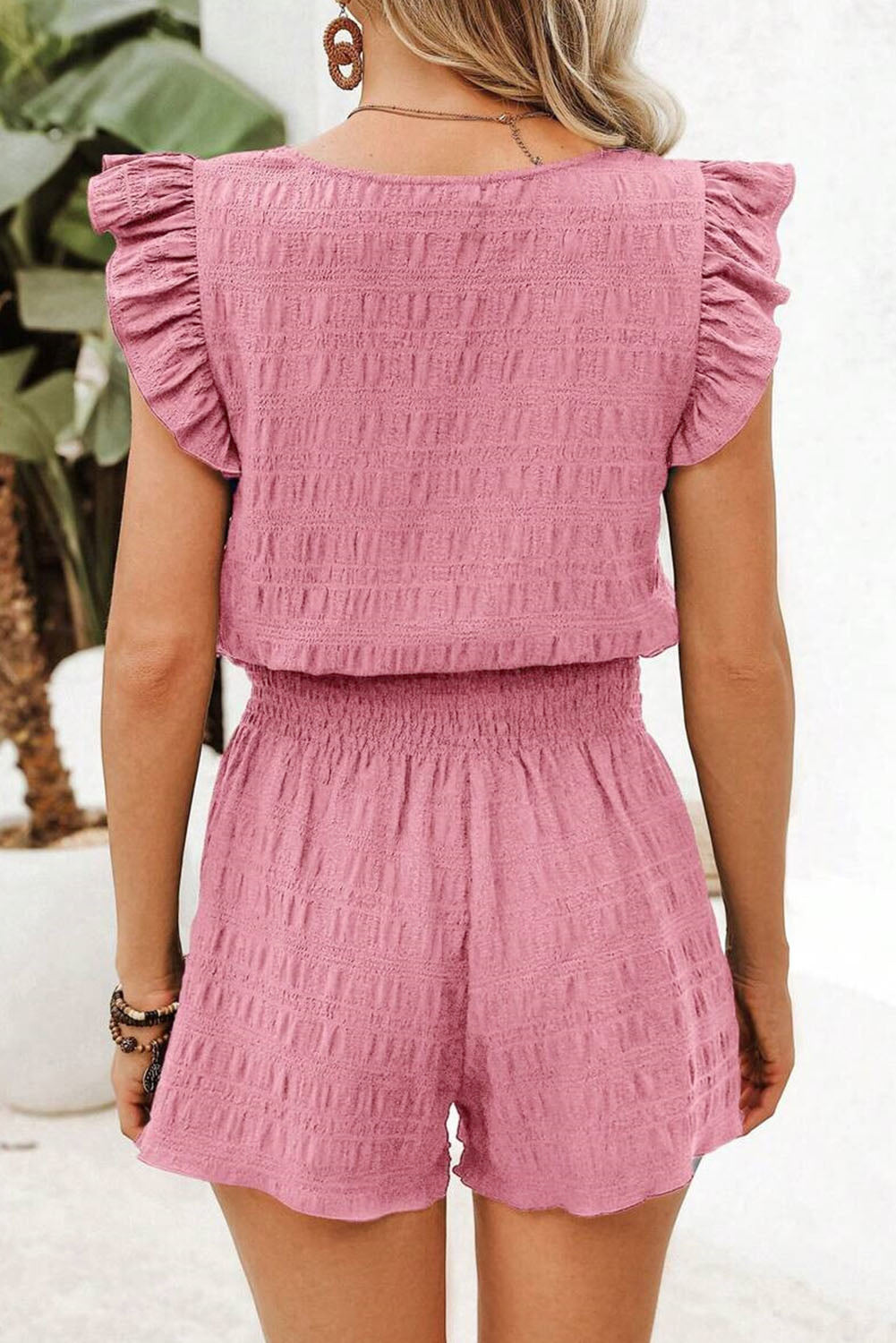 Peach Blossom Textured Square Neck Top and Shirred High Waist Shorts Set - Snoopy's Closet