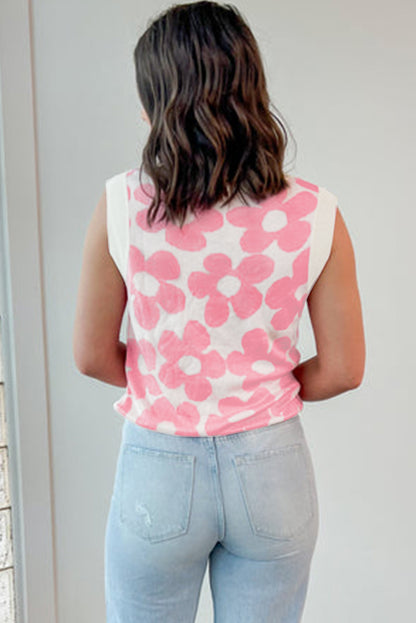 Pink Cute Flower Knitted V Neck Tank Top - Snoopy's Closet