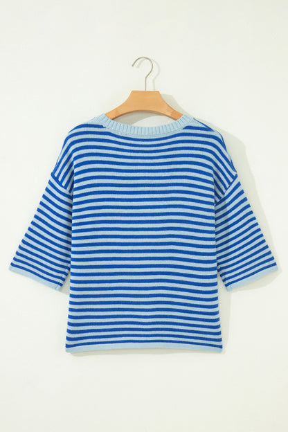 Blue Stripe Loose Half Sleeve Knit Button Down Sweater Cardigan