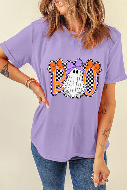 Camiseta gráfica de Halloween con fantasma y lazo a cuadros de glicina Boo