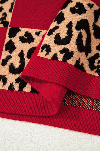 Red Leopard Checkerboard Short Sleeve Knit Sweater