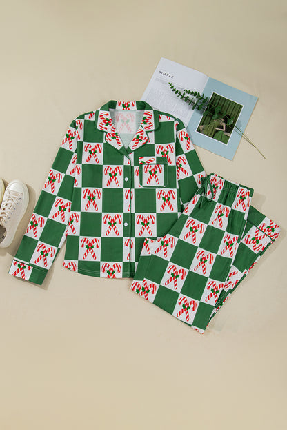 Green Holly Jolly Checkered Pattern 2pcs Long Pajama Set - Snoopy's Closet