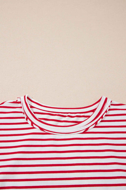 Red Stripe Floral Puff Sleeve Patchwork Round Neck Loose Top