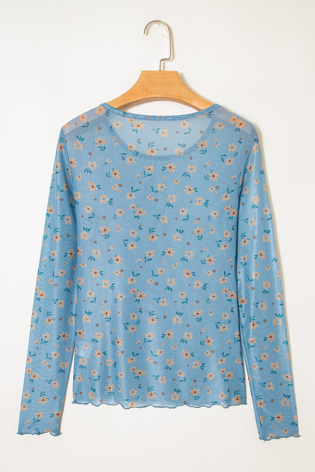 Sky Blue Vintage Floral Print Southern Style Mesh Long Sleeve Top - Snoopy's Closet