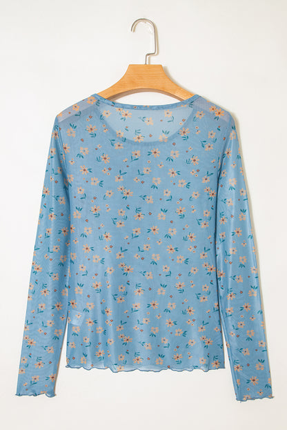 Sky Blue Vintage Floral Print Southern Style Mesh Long Sleeve Top - Snoopy's Closet