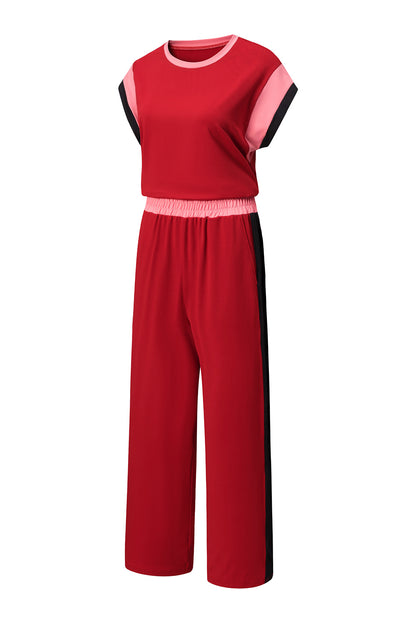 Racing Red Color Block Detail Casual Two-piece Set - Snoopy's Closet