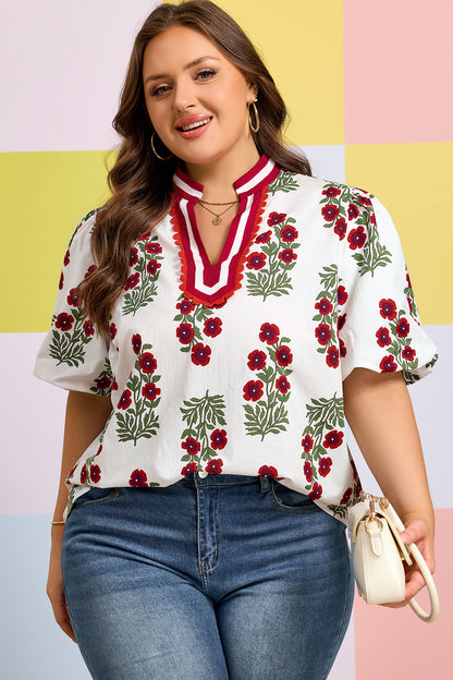 Blusa de Algodón Blanca Talla Grande con Estampado Floral, Ribete de Ricrac y Manga Corta