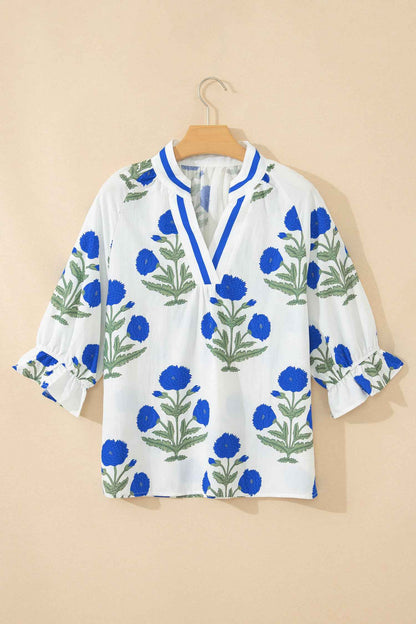 Green Casual Wild Flower Print V Neck 3/4 Sleeve Blouse