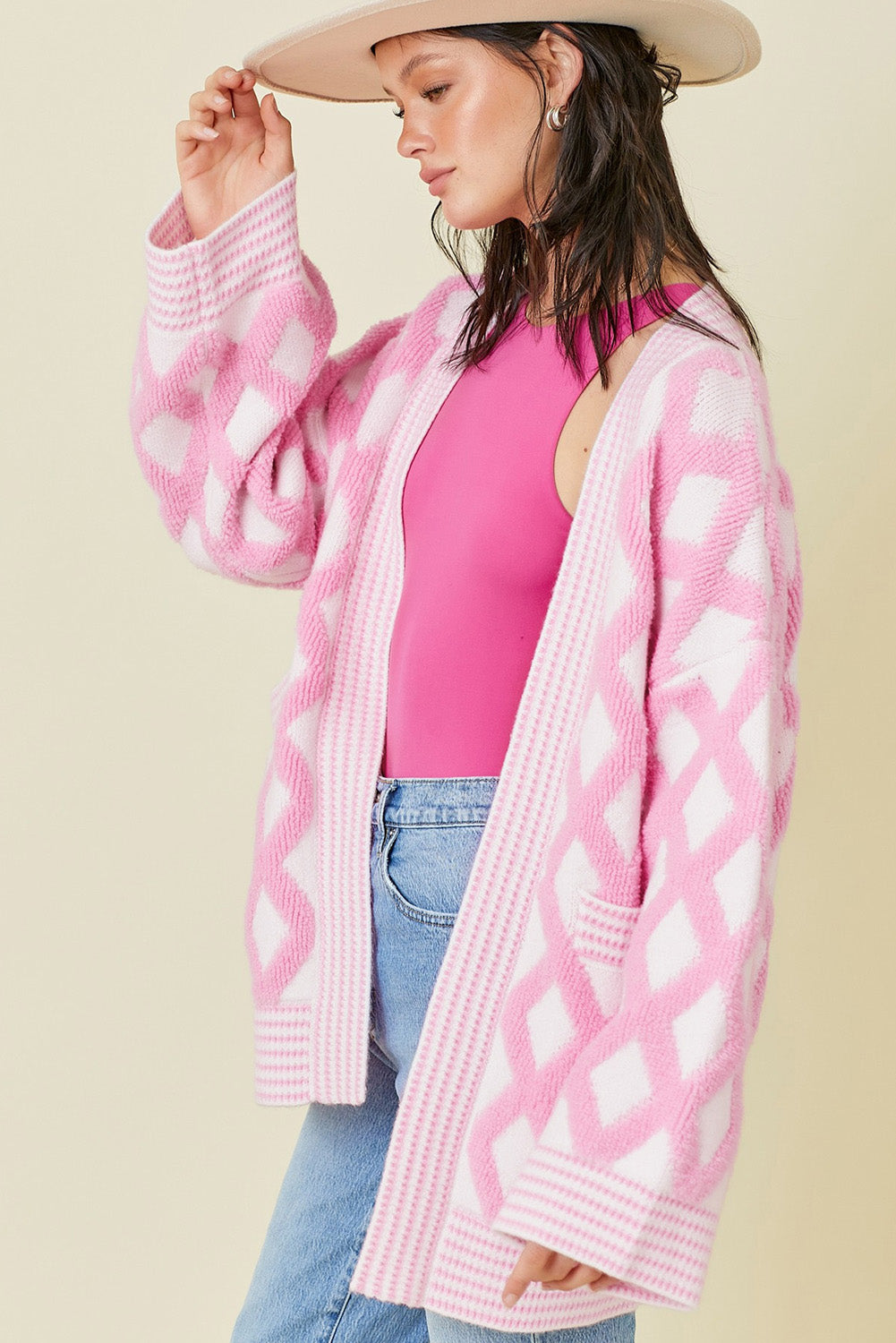 Pink Rhombus Pattern Knit Open Front Pocketed Cardigans - Snoopy's Closet