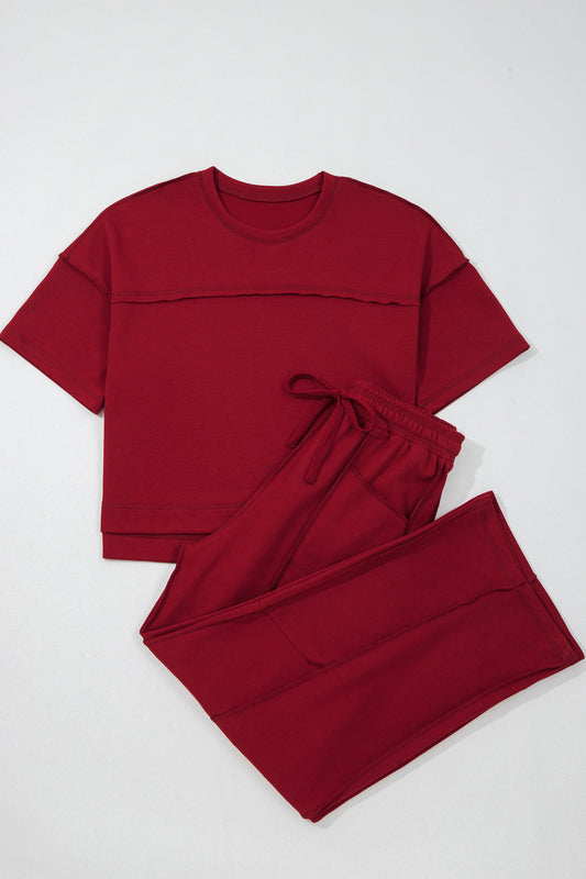 Conjunto de camiseta holgada con hombros caídos y pantalón tipo barril en Rojo Racing