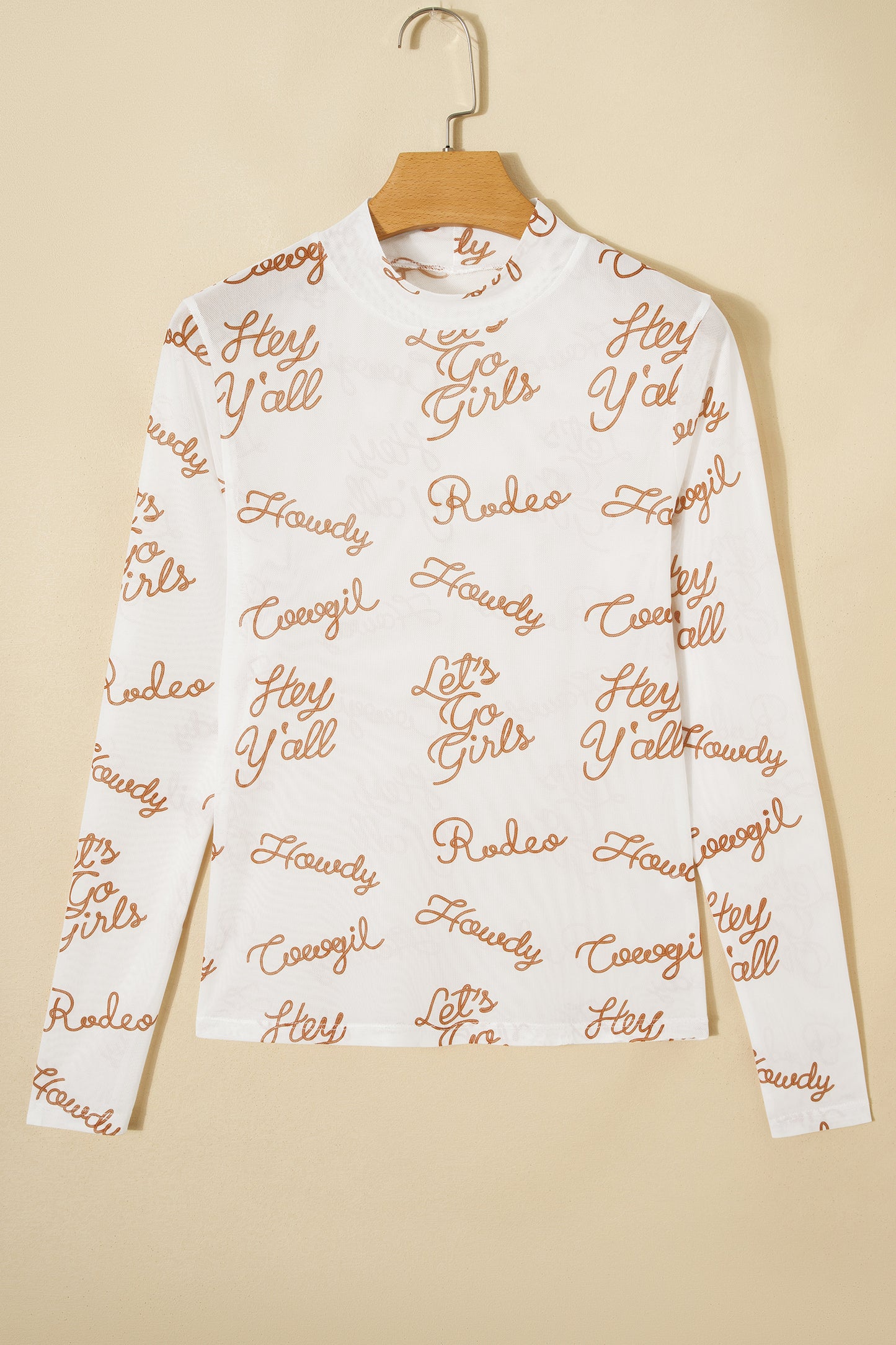 White Howdy Hey Yall Mesh High Neck Long Sleeve Top - Snoopy's Closet
