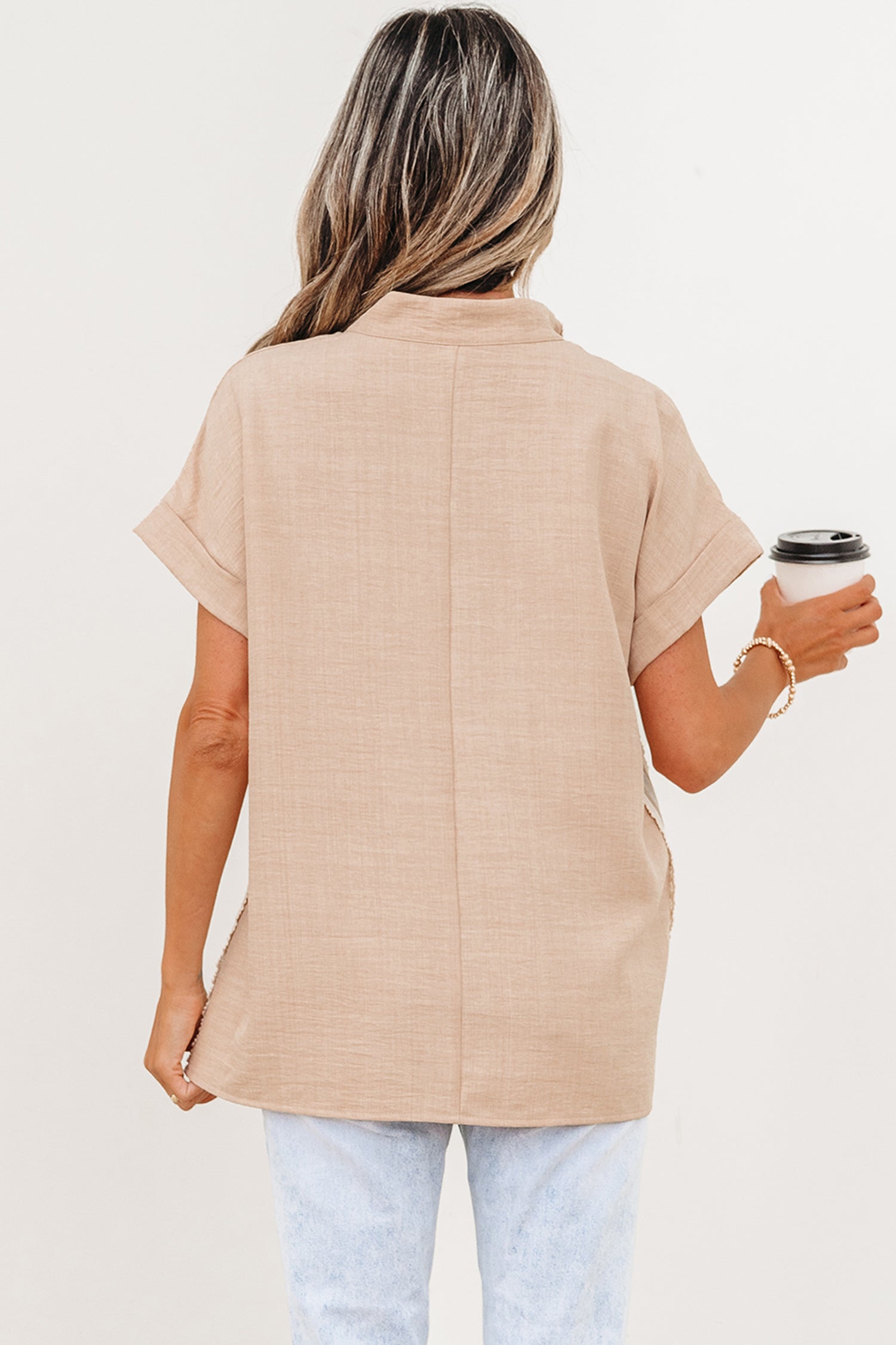 Parchment Crochet Lace Accent Pullover Rolled Short Sleeve Blouse - Snoopy's Closet
